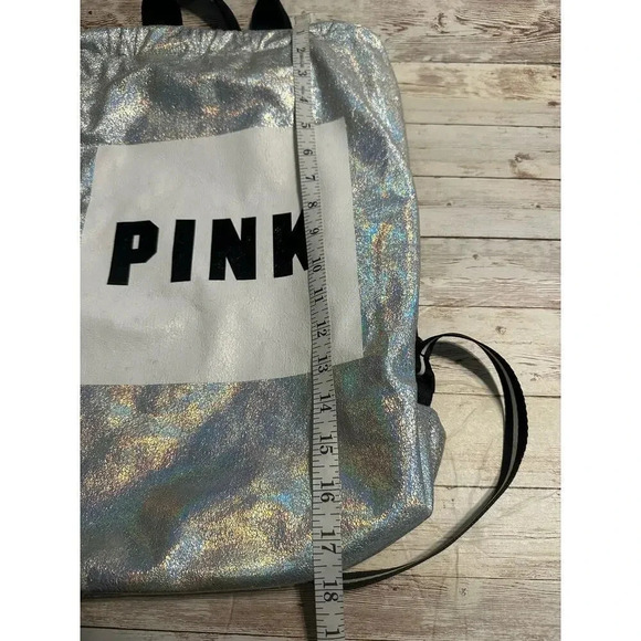 Victoria's Secret PINK Drawstring Backpack Iridescent Silver - Picture 3 of 5